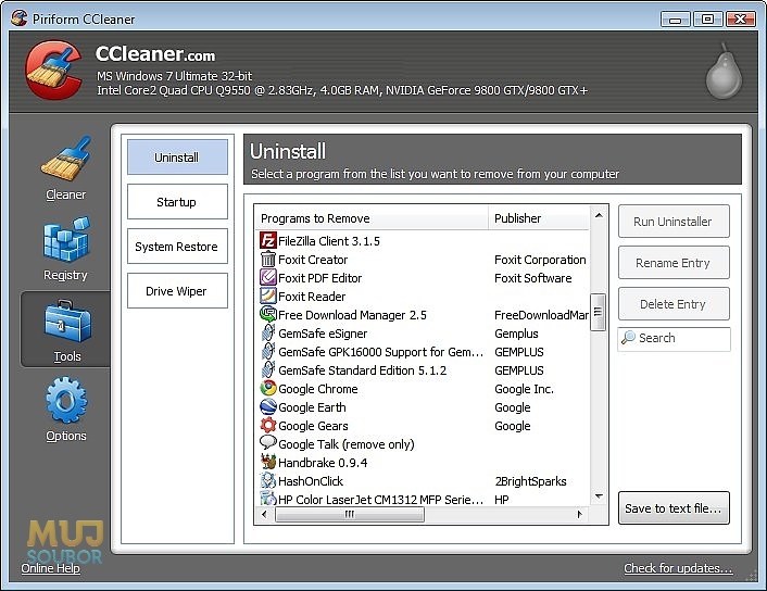 CCleaner - Přehled nainstalovaných programů