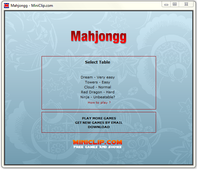 Mahjongg Classic menu