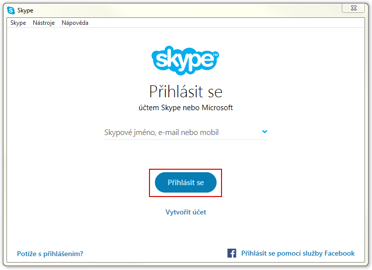 Přihlášení na Skype