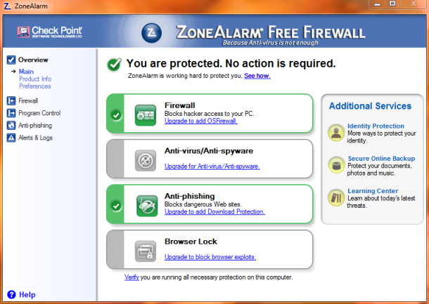 ZoneAlarm firewall - vzhled programu