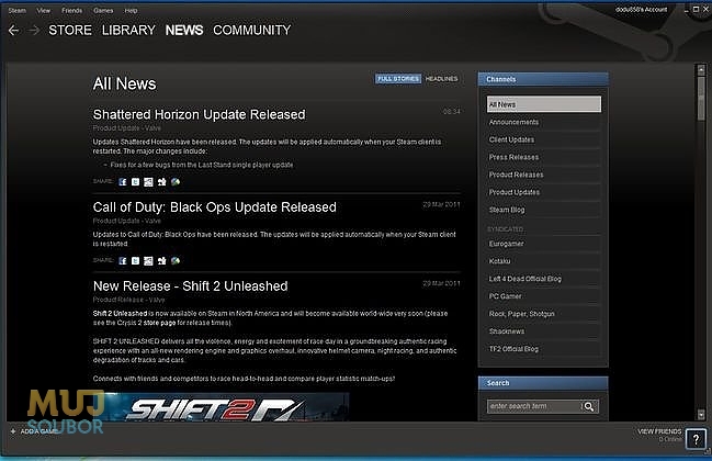 Steam - Informace o herních updatech