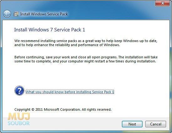 Windows 7 Service Pack 1 instalace